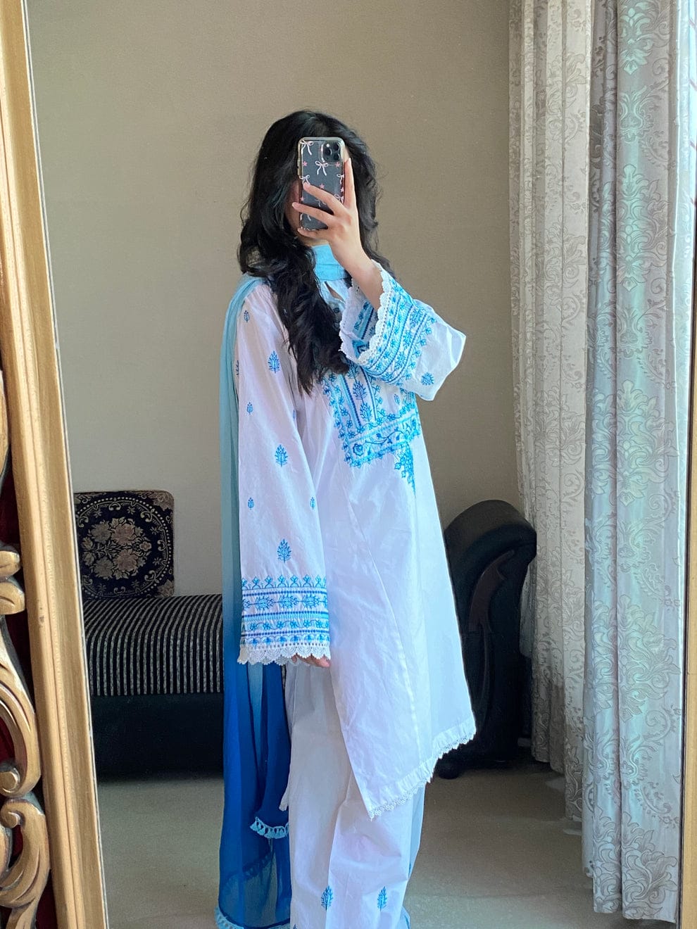 WHITE/BLUE LAWN 3PC ( FARSHI SHALWAR) - Almia