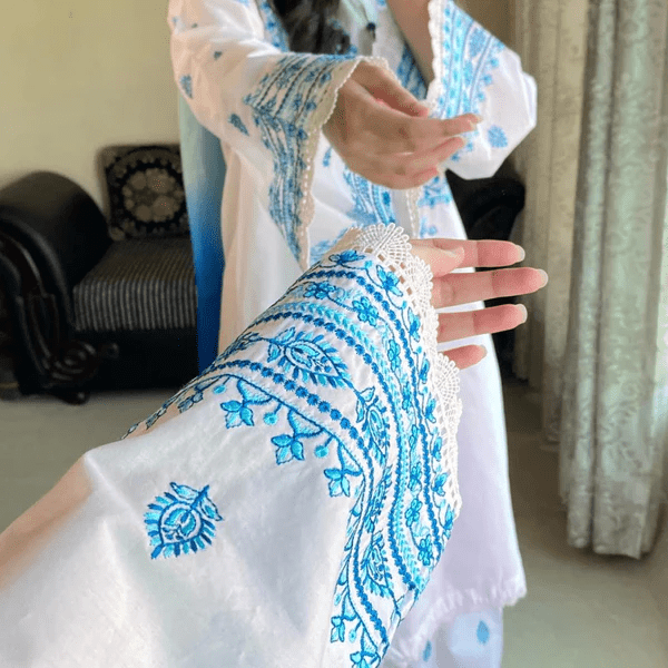 WHITE/BLUE LAWN 3PC ( FARSHI SHALWAR) - Almia