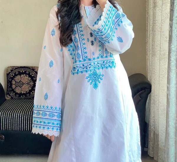 White/Blue Lawn 3Pc (Farshi Shalwar) - Almia