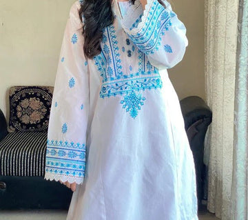 WHITE/BLUE LAWN 3PC ( FARSHI SHALWAR) - Almia