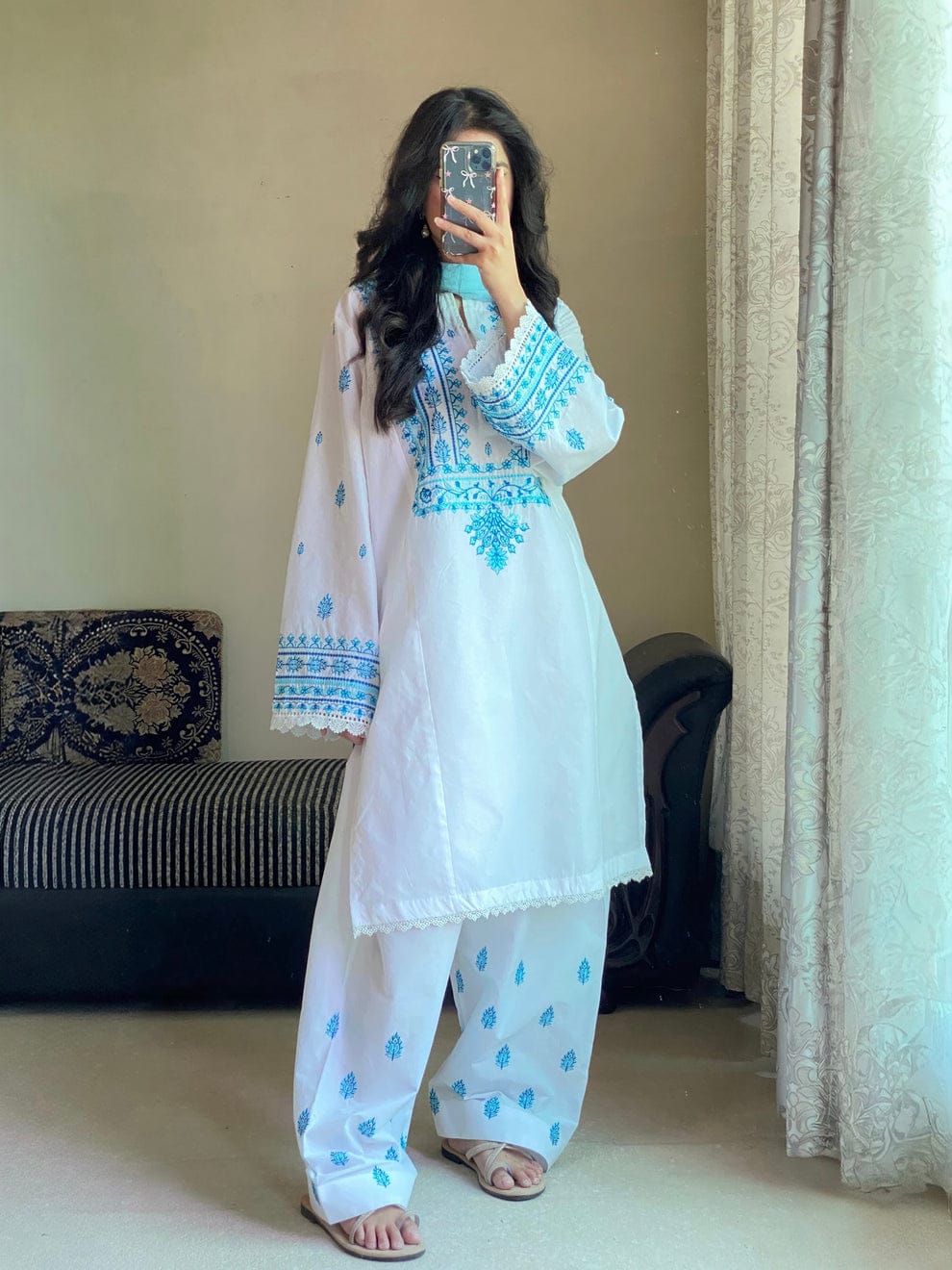 WHITE/BLUE LAWN 3PC ( FARSHI SHALWAR) - Almia